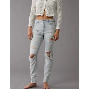 American Eagle Mom Jeans Distressed Stretch Denim‎ Light Wash Rips Size 4